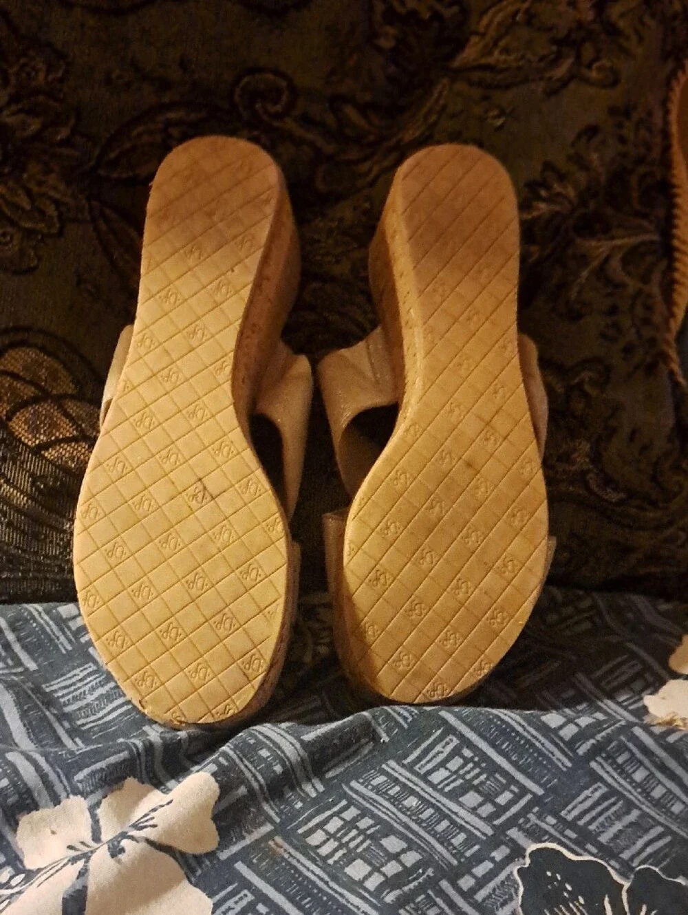 Glittered Beige Cork Wedge Sandals with Cross Straps